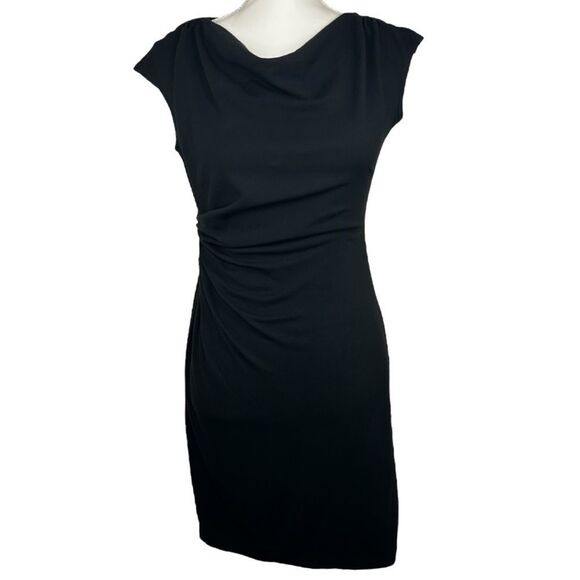 Lafayette 148 New York Black Draped Ruched Sheath Dress Size 0‎ Cowl Neckline - Picture 2 of 8